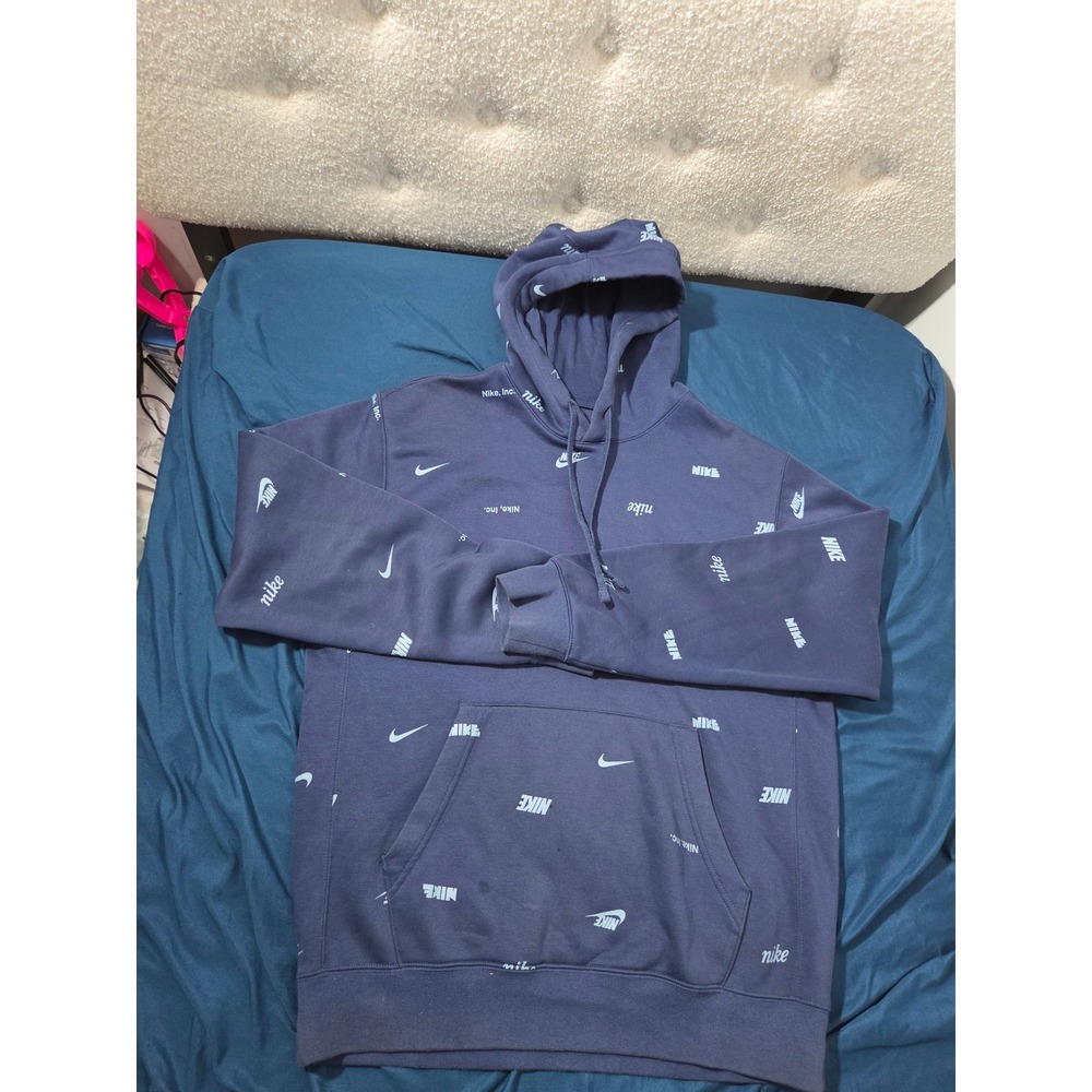 Nike Sportswear All Over Print Logo Hoodie Navy Blue Fleece Pullover Mens L